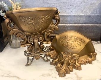 Vintage 1978 HOMCO Gold Syroco Wall Planters Set | Hollywood Regency Ornate Floral Scroll Shelves | Rococo Wall Pockets 6050 USA