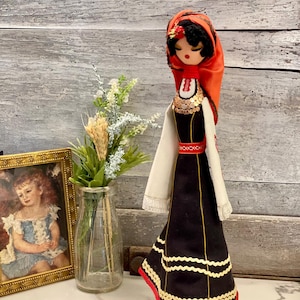 Vintage USSR Folk Art Doll |  1960s Russian Fabric Costume | Ethnic Handmade Tall Wood Doll