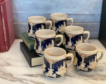 Set of Vintage German Mugs | Six Mugs Featuring German Castles and Grapes | Navy Blue and Beige Set of Mugs