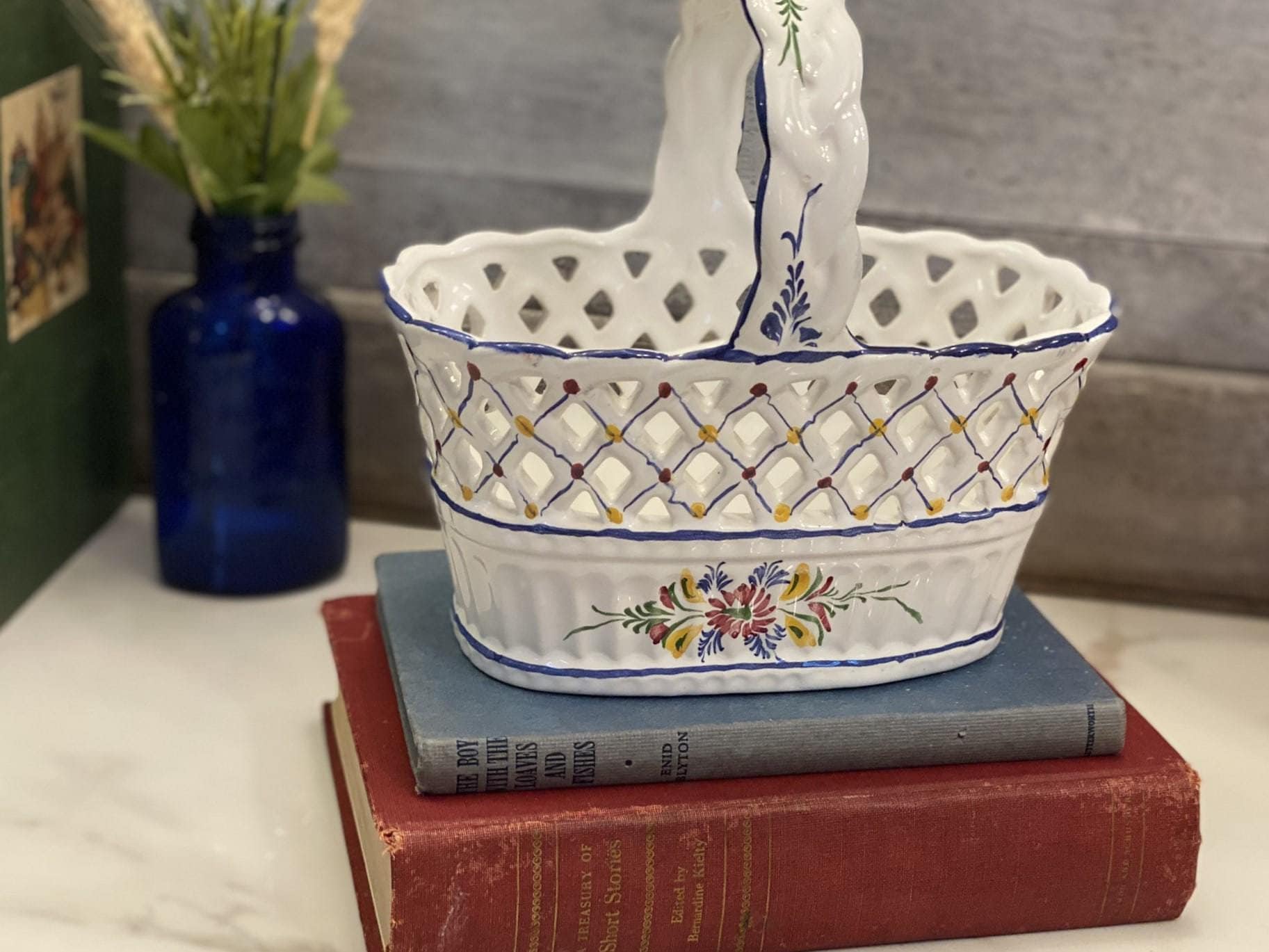 Vintage Reading China Hand Painted Ceramic Basket | White Floral Reticulated Oblong Basket | Hand Painted in Portugal