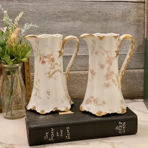 Antique Haviland Limoges St. Lazare Pitcher Pair | Floral & Gold Gilt Porcelain Ewers France | Rare Pair Limoges Porcelain Pitchers
