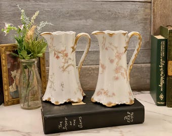 Antique Haviland Limoges St. Lazare Pitcher Pair: Floral & Gold Porcelain Ewers