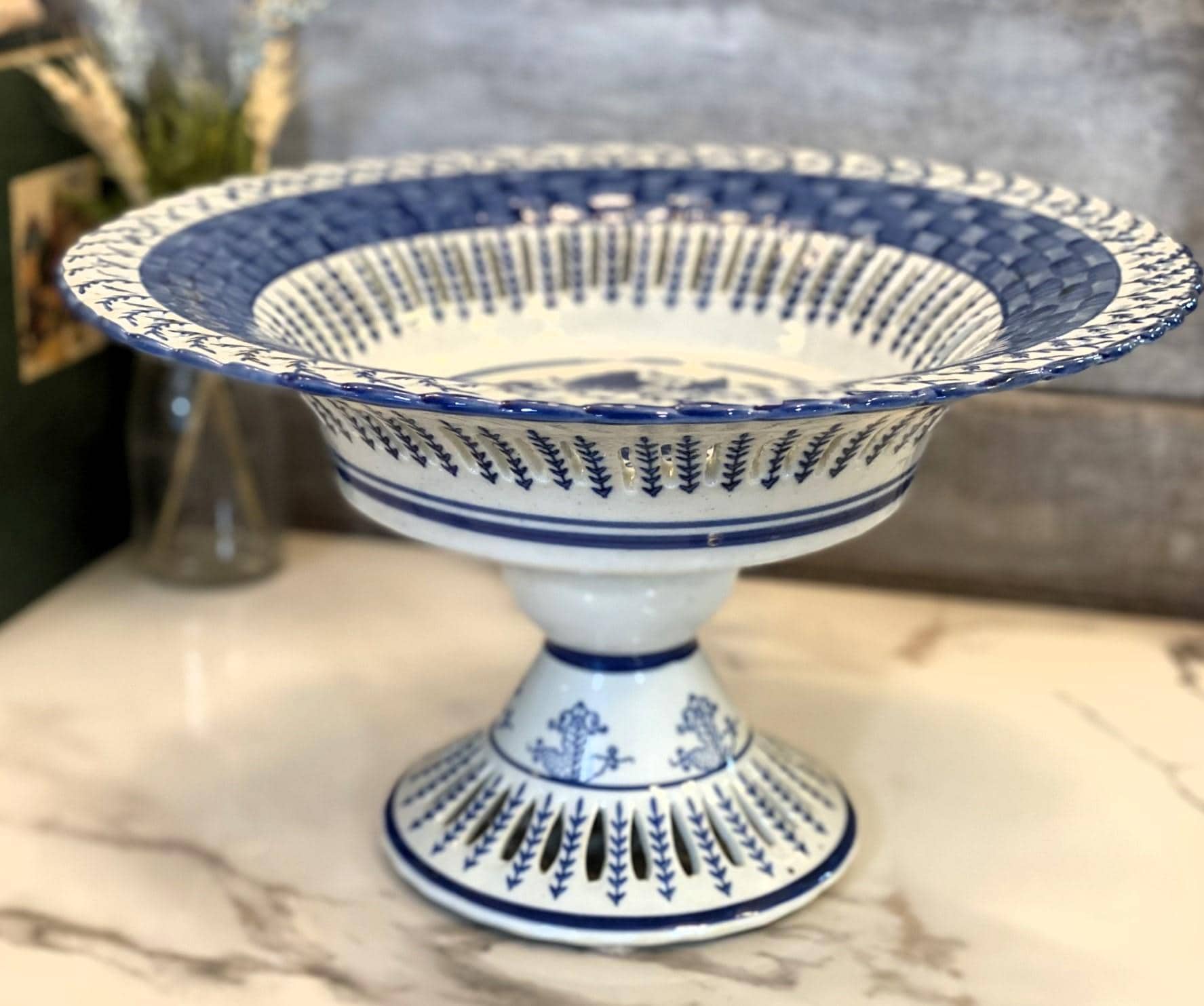Large Blue White Reticulated Ceramic Compote Bowl on Pedestal