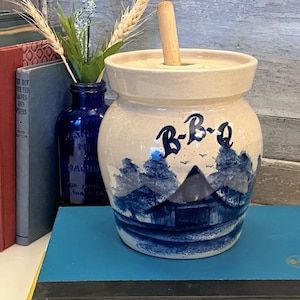 Vintage Paul Storie Pottery B-B-Q Crock and Mop | Blue House Stoneware | Original Paul Storie Marshall Texas