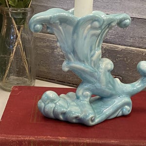 Vintage Aqua Cornucopia Vase Planter | Mid Century USA Pottery Scroll Shell