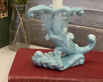 Vintage Aqua Cornucopia Vase Planter | Mid Century USA Pottery Scroll Shell