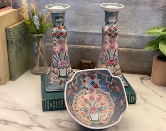 Candelabros orientales vintage y cuenco a juego / Decoración asiática en azul y melocotón