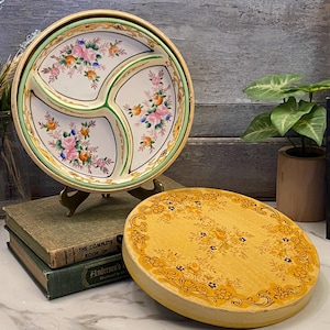 Vintage Hand Painted Japanese Floral Porcelain Divided Dish with Box | Vintage Moriyama Japanese Dish | Mid Century Modern Serving Dish