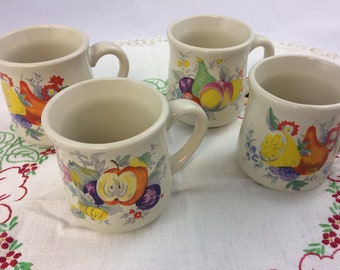 4 Sunnycraft Gres Motivo de frutas Tazas Tazas Vintage 1970s Taza de café Taza de té