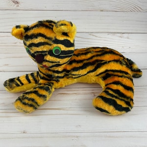 Vintage Tiger Plush Green Googly Eyes Carnival Prize Stuffed Animal 13” 50s 60s