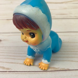 Vintage Iwai Crawling Baby Doll Toy Blue Korea 1971