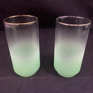 2X Vintage MCM Libbey Glass Blendo Frosted Green Tumblers Glasses Gold Rimmed