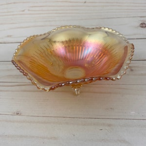 Vintage Jeanette Marigold Carnival Glass Anniversary Pattern Footed Bowl Candy Dish