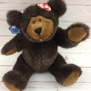 12” Vintage APPLAUSE Chocolate Brown Jointed TEDDY BEAR Stuffed Plush Bow