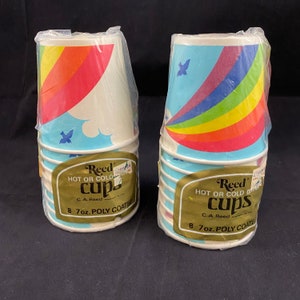 Vintage 80er Jahre Reed Party Regenbogen Heiß Kalt Getränke Becher Poly Coated 2er Pack à 8 NOS