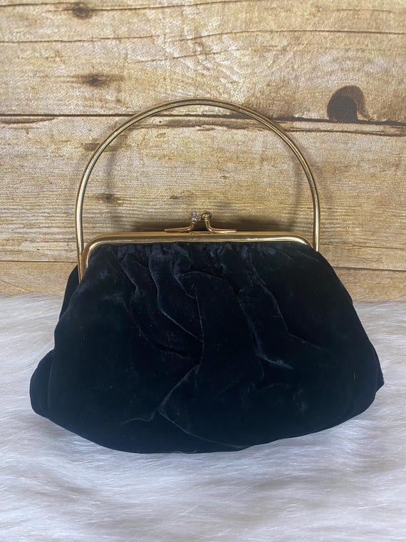 Vintage 50s TINA Black Velvet Evening Bag Rhinestone Clasp Gold 