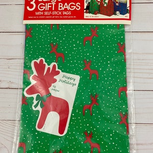 Vintage 80s Jeanmarie Large Gift Bags w/ Tags Reindeer Happy Holidays Xmas 1988