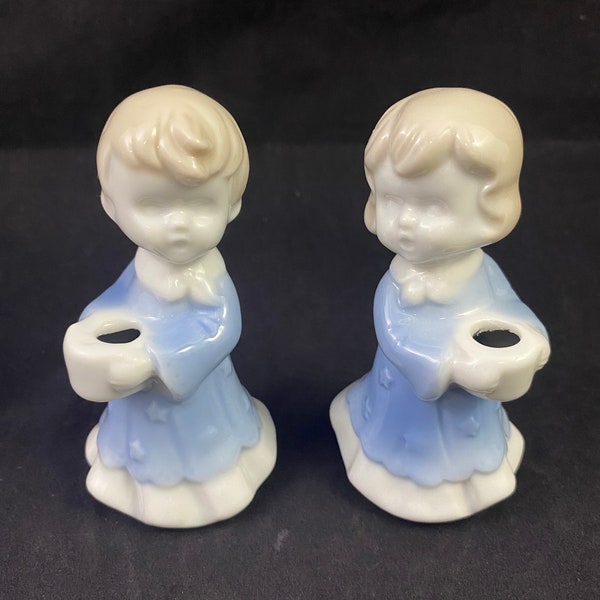 Vintage Berman & Anderson Porcelain Blue White Choir Boy and Girl Candle Holders 4”