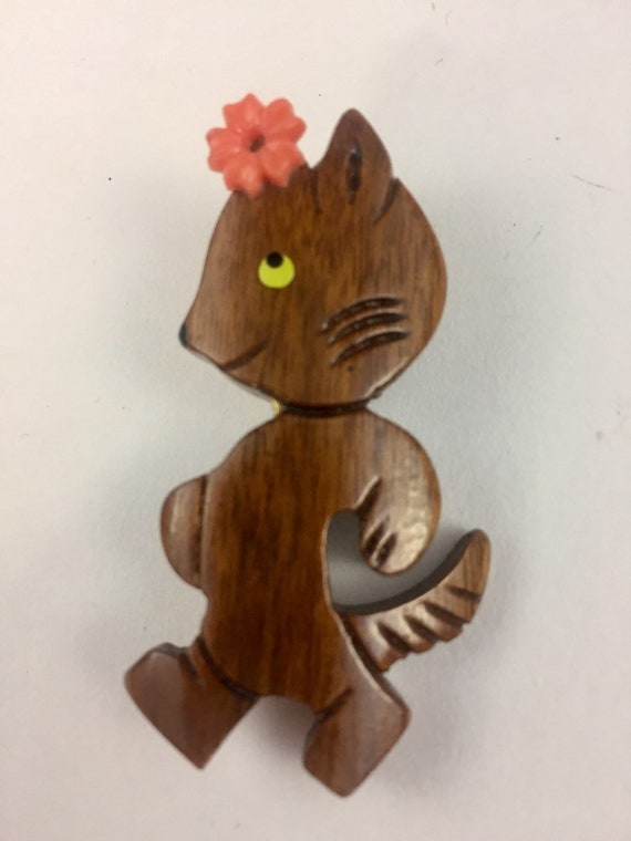 Vintage 1940s Hand Carved Wooden Cat Plastic Flowe