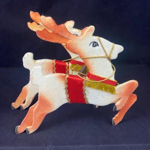 Vintage Christmas Decor Flocked Reindeer Flat Folding Japan Mid Century
