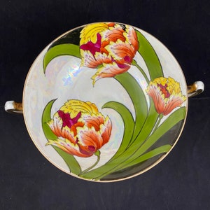 Porcelain Lusterware Compote Bowl Peach Floral Design Gold Trim Japan c.1920
