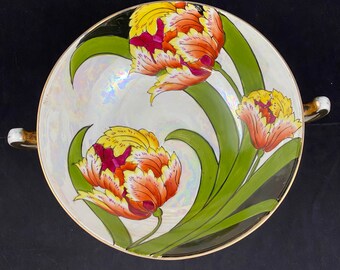 Porcelain Lusterware Compote Bowl Peach Floral Design Gold Trim Japan c.1920