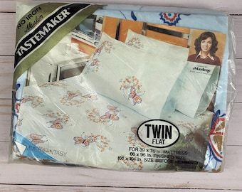 Vintage 70s Tastemaker Twin Flat Sheet 1975 Butterflies Muslin USA Bedding NOS