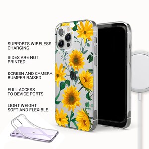 K&ouml;nnte beinhalten: Transparente Handyh&uuml;lle mit einem Sonnenblumenmuster. Die H&uuml;lle ist mit kabellosem Laden kompatibel. Der Text "SUPPORTS WIRELESS CHARGING", "SIDES ARE NOT PRINTED", "SCREEN AND CAMERA BUMPER RAISED", "FULL ACCESS TO DEVICE PORTS" und "LIGHT WEIGHT SOFT AND FLEXIBLE" ist auf der H&uuml;lle aufgedruckt.