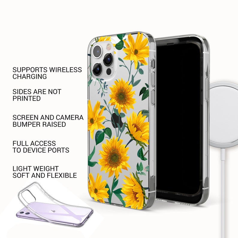 K&ouml;nnte beinhalten: Transparente Handyh&uuml;lle mit einem Sonnenblumenmuster. Die H&uuml;lle ist mit kabellosem Laden kompatibel. Der Text "SUPPORTS WIRELESS CHARGING", "SIDES ARE NOT PRINTED", "SCREEN AND CAMERA BUMPER RAISED", "FULL ACCESS TO DEVICE PORTS" und "LIGHT WEIGHT SOFT AND FLEXIBLE" ist auf der H&uuml;lle aufgedruckt.