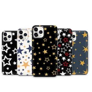 May include: A collection of five smartphone cases with star patterns. The cases feature a variety of colors, including black, white, gold, navy, and cream. The star designs vary in size and color, offering a range of aesthetic options.