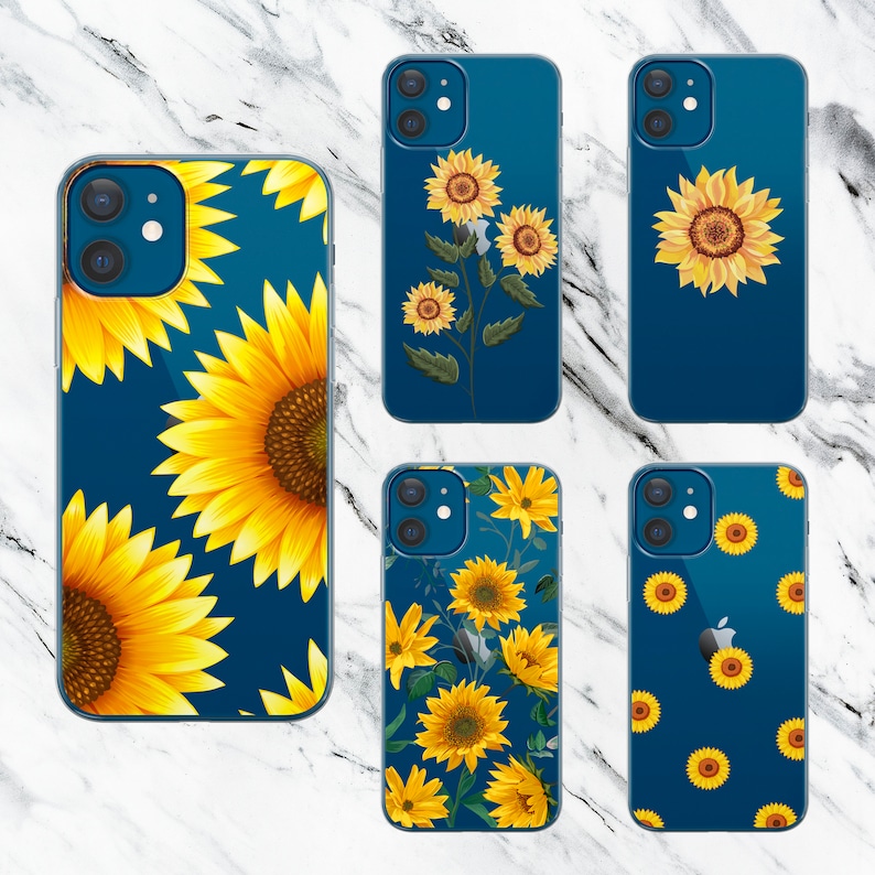 K&ouml;nnte beinhalten: Satz mit sechs Handyh&uuml;llen mit verschiedenen Sonnenblumendesigns. Die H&uuml;llen sind alle blau mit einer Vielzahl von Sonnenblumenmustern, darunter eine einzelne Sonnenblume, ein Sonnenblumenzweig und ein sich wiederholendes Sonnenblumenmuster.