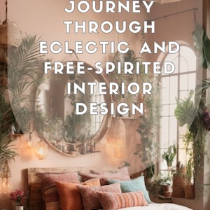 May include: A bohemian bedroom with a white bed featuring a brown throw blanket and a variety of pillows in shades of orange, red, and blue. The room includes a large round mirror, a wicker pendant light, and several plants.