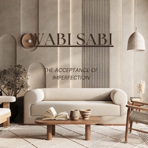 May include: A living room interior design concept with a white sofa, a wooden coffee table, and a white rug with a diamond pattern. The wall features a brown wooden lattice panel and the text "WABI SABI THE ACCEPTANCE OF IMPERFECTION".