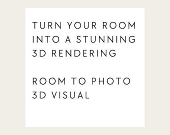 Puede incluir: Gráfico de texto que dice "Convierte tu habitación en una impresionante representación 3D. Room to Photo 3D Visual."