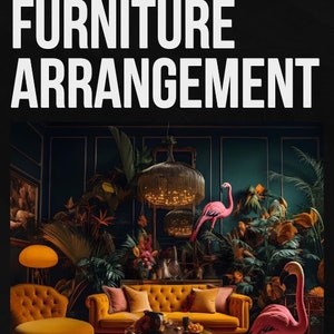 May include: A living room interior design with a yellow velvet sofa, a yellow velvet armchair, a pink rug, a glass coffee table, and two pink flamingo sculptures. The room is decorated with tropical plants and a large chandelier.