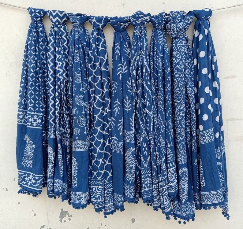 Blue - Sanganeri Hand Block Print Cotton Scarf 09