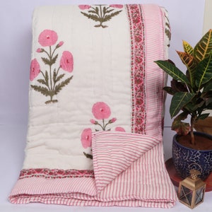Pink Color Indian Hand Block Print Kantha Quilt Throw Reversible Cotton Filling Razai Beautiful Floral Print Jaipuri Quilt Bedding Coverlet