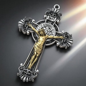 Sterling Silver Crucifix Pendant: Saint Benedict Medal, Catholic Gift