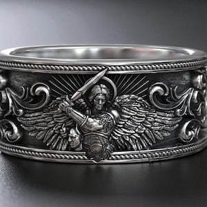 Handcrafted Saint Michael Archangel Ring – Solid Silver Christian Warrior Band for Men, Faith-Inspired Religious Gift