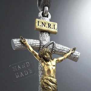 Handgemachte Jesus Christus Kruzifix Halskette, 925K Silber und Gold katholisches Holzkreuz, INRI Anhänger, religiöses Geschenk für Mama, Kreuz Halskette