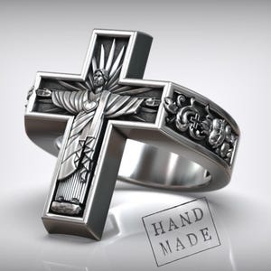 925 Silver Sacred Heart Ring, Jesus Christ Cross Ring For Men, Handmade Christian Jewelry, Faith Statement Band, Catholic Gift For Him