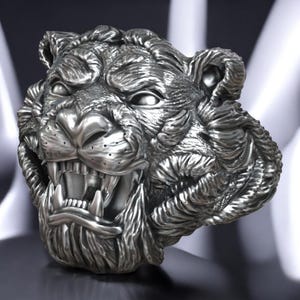 Tiger Head Animal Ring, Nature Inspired Jewelry, Fierce Tiger Statement Ring, Wildlife Lover Gift, Adjustable Animal Ring For Him Or Her