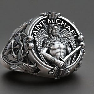 Saint Michael Archangel Ring – Christian Shield and Sword Symbol Band for Men, Handmade Protection Jewelry Gift