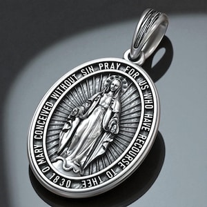 Sterling Silver Miraculous Medal Pendant: Catholic Virgin Mary Necklace