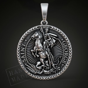 Saint George Round Pendant With Dragon Slayer Design, Handmade Heroic Medal Necklace, Religious Symbol Of Courage And Faith Gift For Him