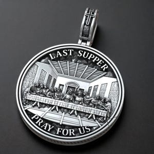 Sterling Silver Last Supper Medallion Pendant: 3D Leonardo Scene, Religious Necklace