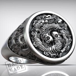 Chinese River Fish Ring Handmade In Silver, Traditional Lucky Symbol Signet Ring For Men, Yin Yang Inspired Jewelry, Cultural Gift For Him