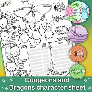 May include: Black and white Dungeons and Dragons character sheet with various sections for stats, skills, and abilities. The sheet features illustrations of insects and a butterfly, with the text "Dungeons and Dragons character sheet" at the bottom.