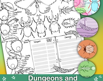May include: A black and white Dungeons and Dragons character sheet, featuring sections for character stats, skills, and abilities. The sheet includes illustrations of insects and a butterfly, with the text "Dungeons and Dragons character sheet" at the bottom.
