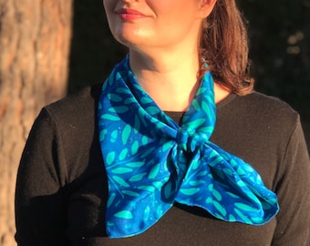 Blue Silk Neckerchief, Hand Painted Teal Transformer Scarf, Ocean Cobalt, Unique Gift for Her, Made in France